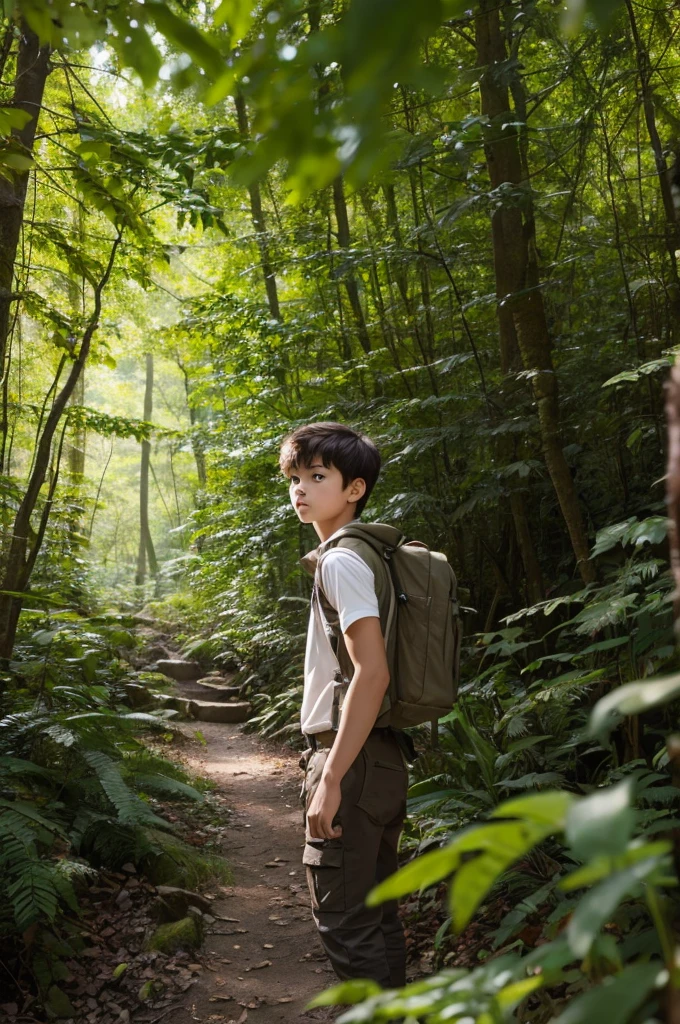 A young male explorer adventures in a mysterious forest