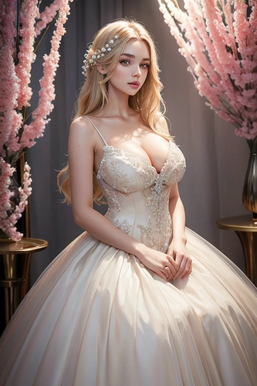 High fashion photoshoot showcasing the natural beauty of a tall, plump, large, long-haired Slavic blonde with huge breasts. Plump lips, dimple on the chin.A high-end fashion photoshoot capturing the ethereal beauty of a young girl wearing a stunning dress crafted entirely from real live flowers. The studio setting ensures full control over lighting and composition, resulting in a cinematic masterpiece. The lighting adds depth and enhances the delicate nature of the blooming flowers, creating a sense of wonder and enchantment. The image is vibrant and rich in color, highlighting the intricate details of the dress and the model's natural grace. Canon L Series 50mm f/1.2 lens, ISO 400, f/4, 1/250s.