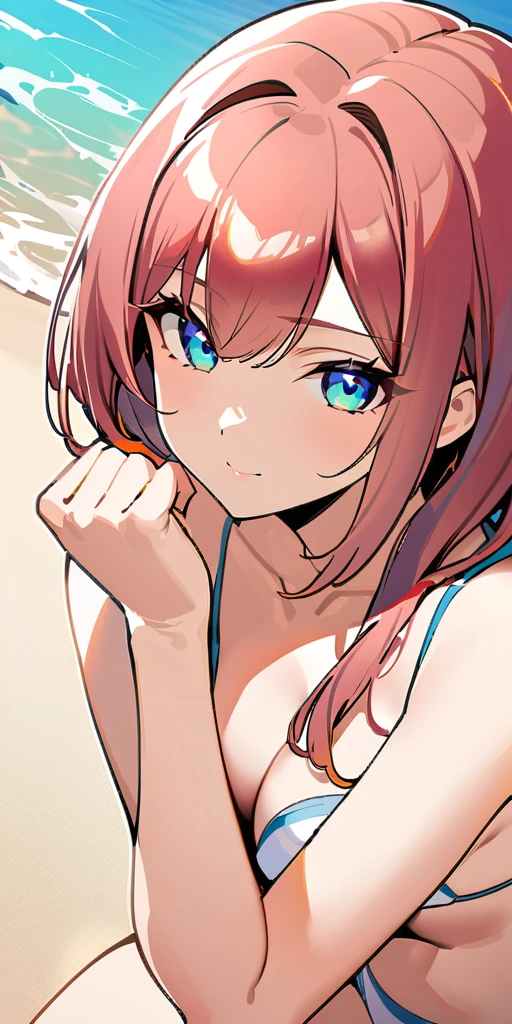 ((Highest quality、、masterpiece:1.3)), Upper Body、Long legs、Sharp focus:1.2, Beautiful woman with perfect figure:1.4、(Smiling:1.2), double eyelid、30-year-old female、Sexy pose、((((Close your mouth、One Woman、bikini,sea,beach,sea side))))、(((((Hands on the side of the body)))))