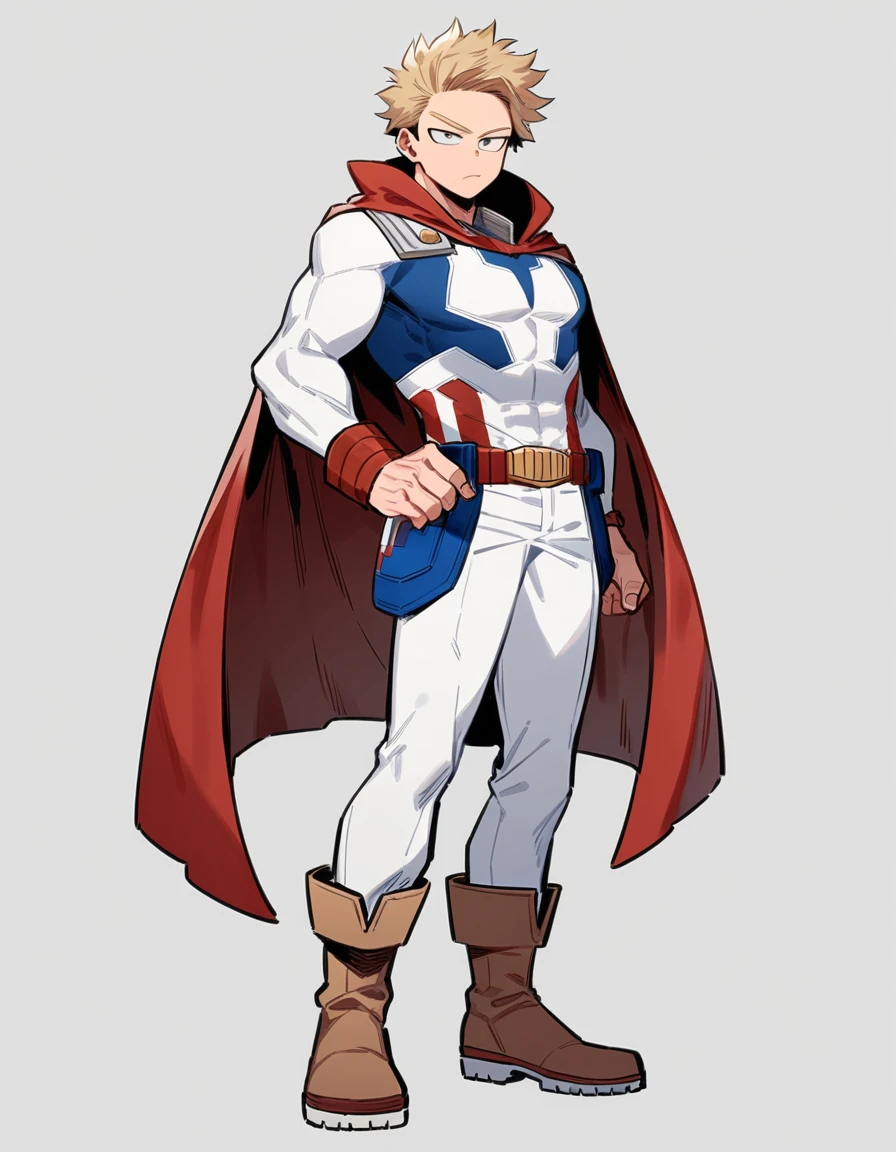 One boy, male focus, brown and blond short hair, boku no hero academia, Izuku Midoriya look alike, masterpiece, best quality, very aesthetic, red, blue, white super hero suit, cape, boots, captain America like, proportionally anatomical, full body illustration, casual front pose.