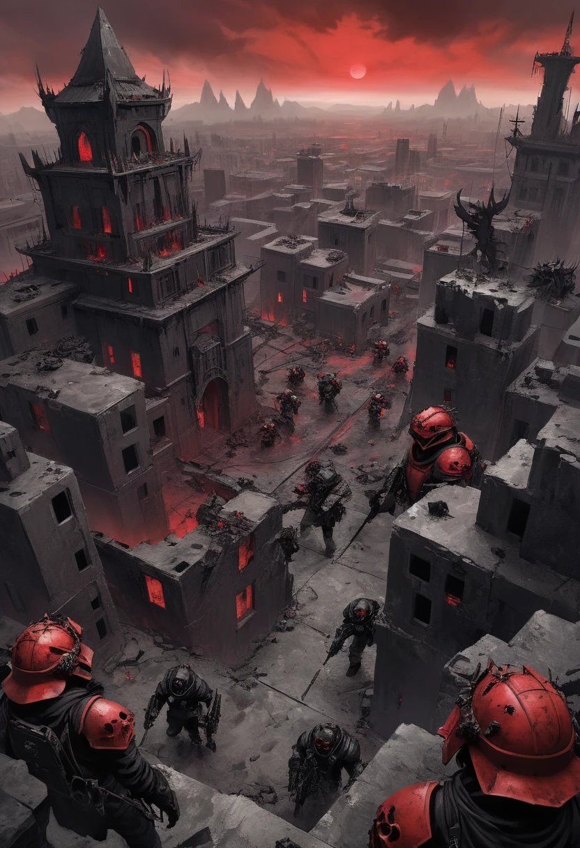 Hell's Place, Red Sky, thorns, Black Rocks, The Atmosphere of Death, gloomy buildings, view from above, renegades of chaos, Cultists, respirators, helmet and angular armor