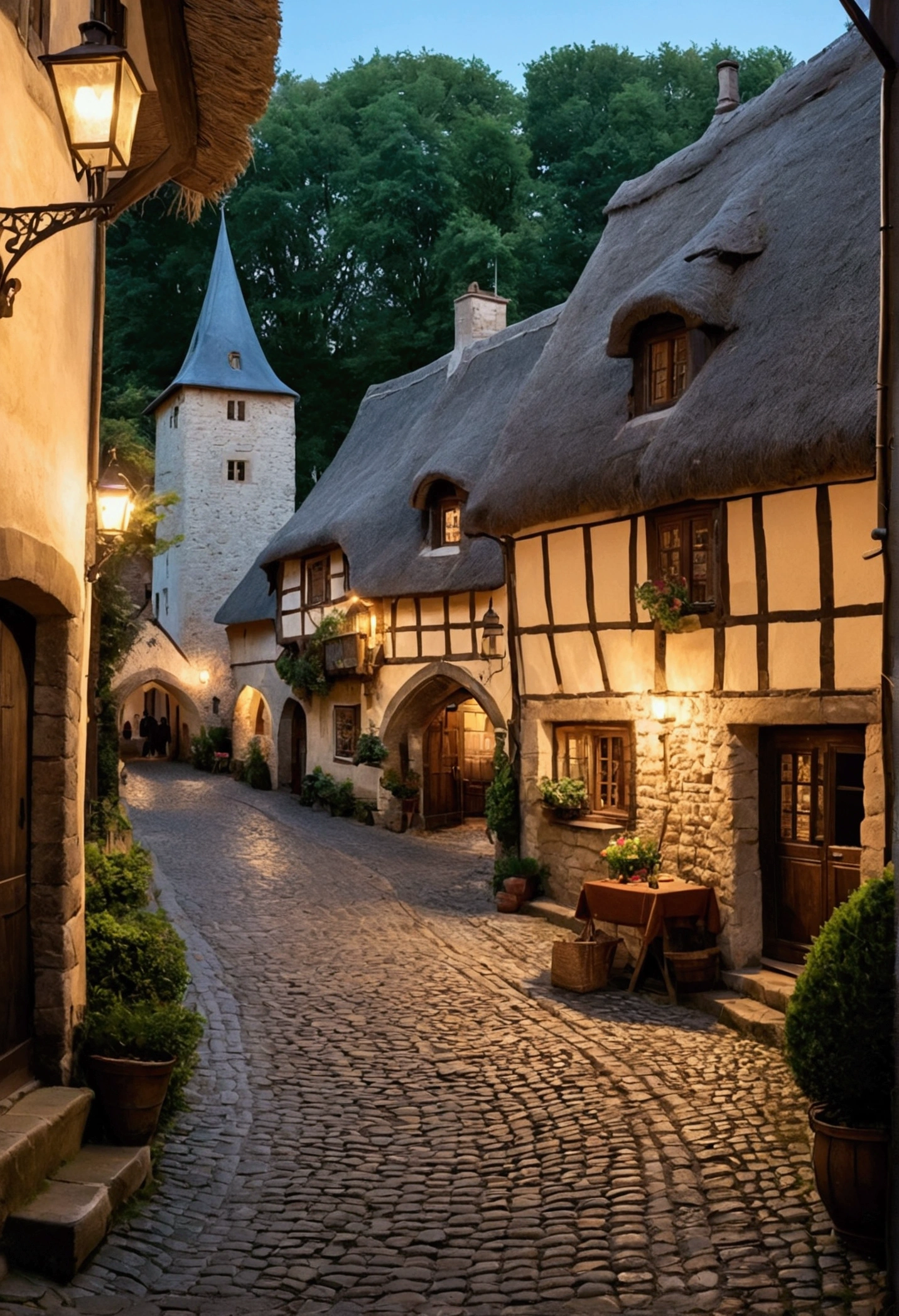 Image is a peaceful medieval European village scene, with cobblestone streets and thatched-roof houses. People in medieval attire are going about their daily activities. The lighting is soft, capturing the serene atmosphere.