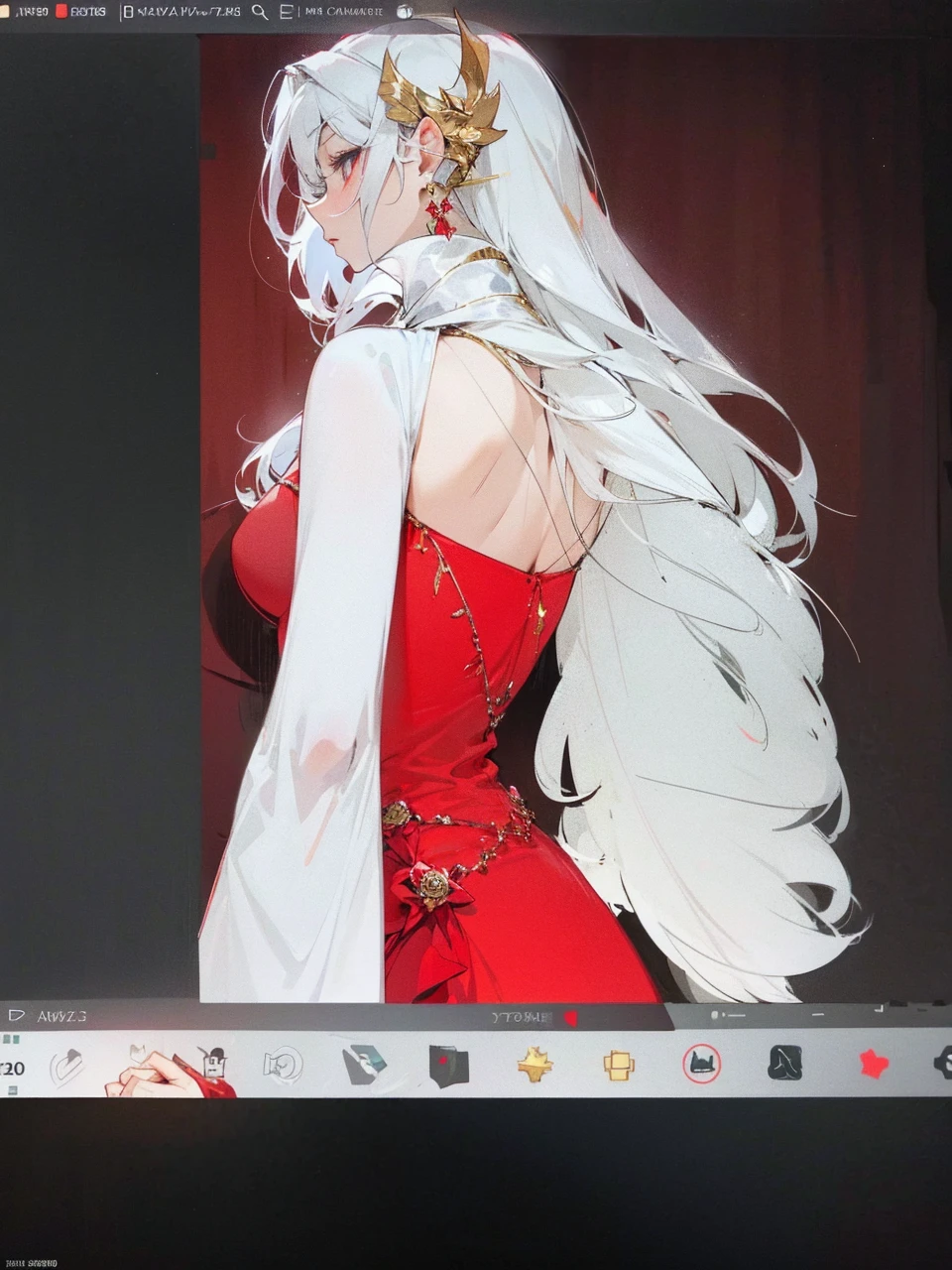 Add in roses to her dress, a good back dress design with some golden jewelry, make her dress into a red and white gown with a hat, give her some unique Jewelry, and make her look somewhat of a demonic angel like appearance to her