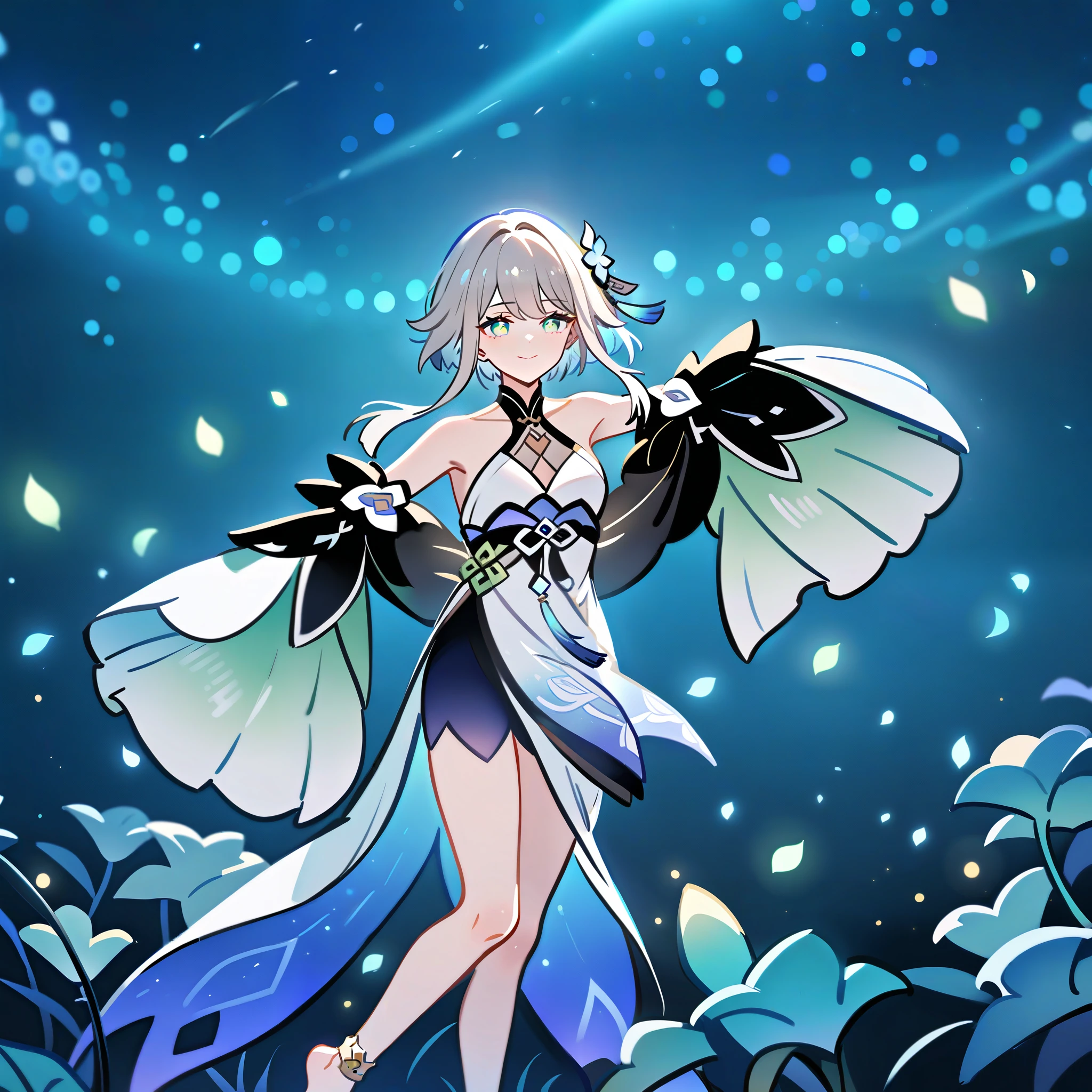 1girl, guizhong_\(genshin_impact\),light grey hair,short_hair_with_long_locks,starry_sky_print,detached_sleeves, long sleeves that drape over hands past fingers,dancing,hanfu,illustrated by matsuryuu and agahari and dsmile,pale green-grey eyes,stunning field of softly glowing blue and white glaze lilies,night scene,gentle smile,moonlight,glossy lips,vivid anime coloring,cel shading,smooth, soft dreamy focus,anklet,halter_top,white clothes,highly detailed,digital painting,field of flowers,bare_shoulders,wlop,barefoot,cool night tones, magical night scene,masterpiece, best quality, film, bokeh, multicolored light particles,professional, 4k, highly detailed,fireflies,Guardian nebula of rainbow light and silvery vapor,ai-generated,goddess of stardust