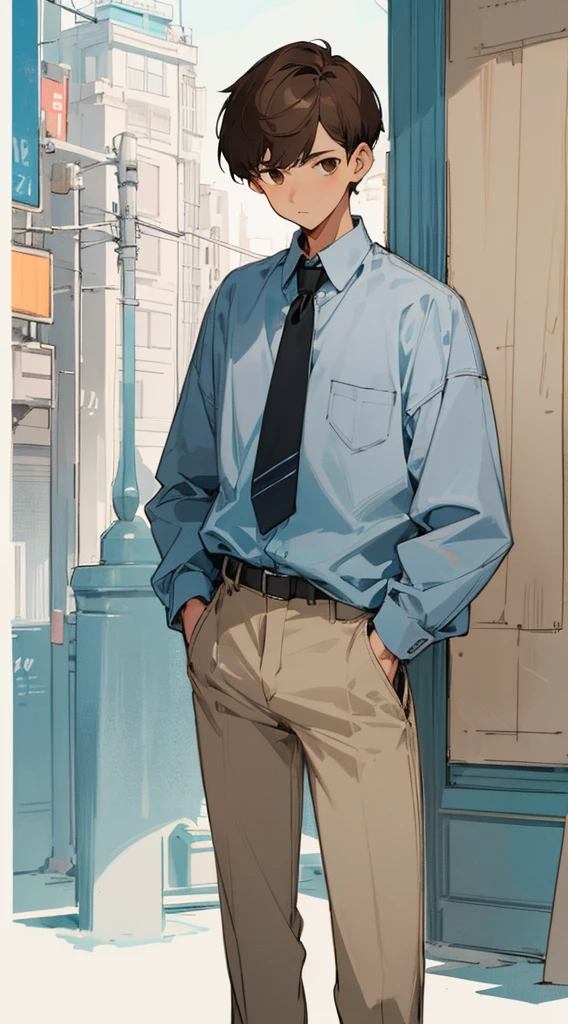 (masterpiece, best quality) detailed, 1Character, blue archive art style, pastel washed out colors, cell shade, soft, muted shades, gentle colors, Fashion ad, wearing a collared shirt and khakis, urban environment, big city, cute man, short height, 5'4", dark brown hair, very short hair, ((crew cut hair style:1)), brown eyes, brown skin, slender, skinny, masculine, hands in pocket, age 17