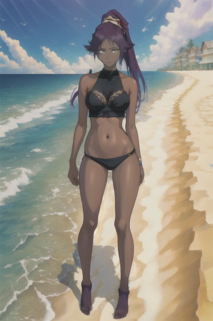 (best quality, highres:1.1), shihouin yoruichi, wearing a black lace lingerie, 1girl, solo, dark skinned female, dark skin, ponytail long hair, parted bangs, purple hair, yellow eyes, open navel (visible navel), outdoors, beach (clouds on the background, usual ocean, sand), standing on sand, full body view, full visible legs, visible foots,