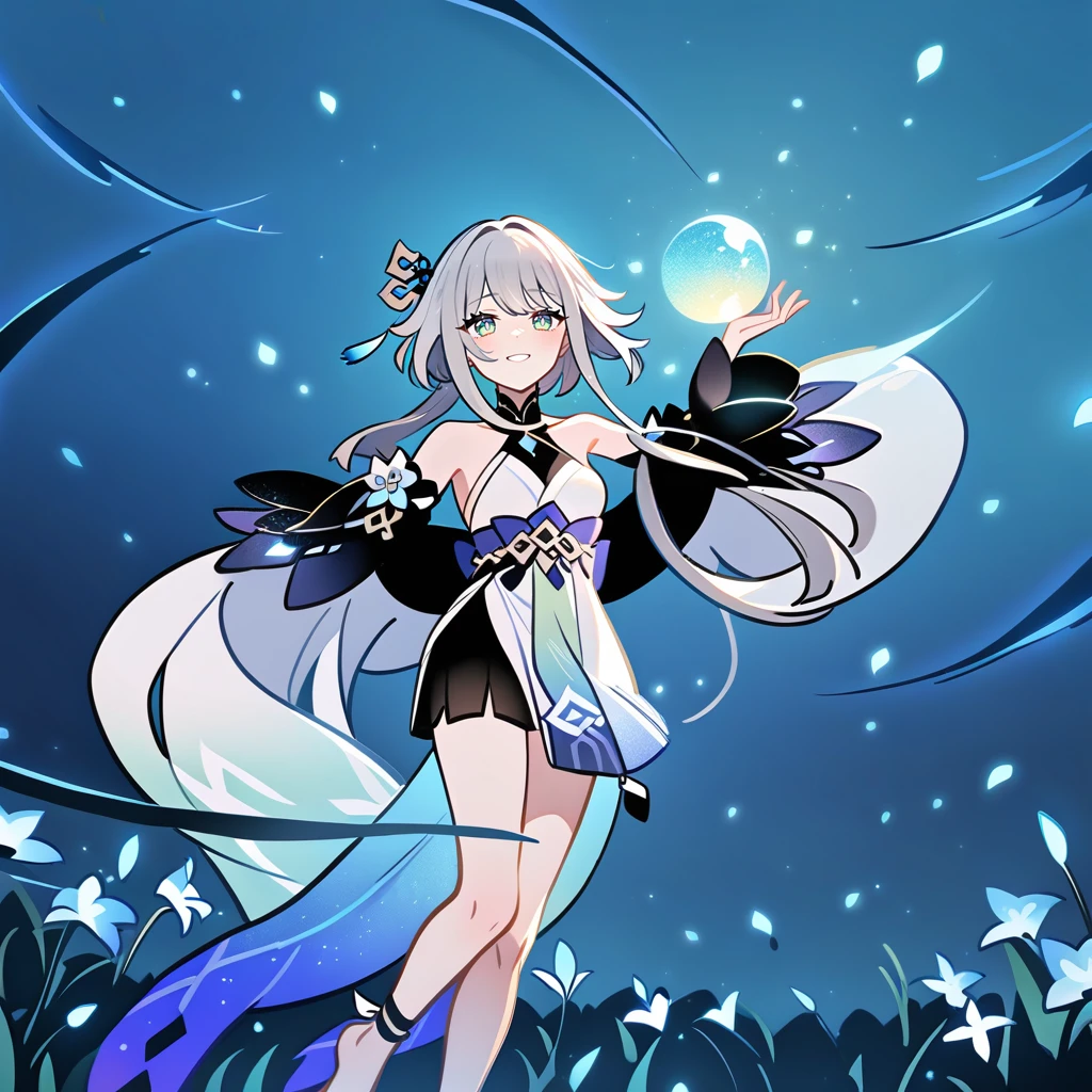 1girl, guizhong_\(genshin_impact\),light grey hair,short_hair_with_long_locks,starry_sky_print,detached_sleeves, long sleeves that drape over hands past fingers,dancing,hanfu,illustrated by matsuryuu and agahari and dsmile,pale green-grey eyes,stunning field of softly glowing blue and white glaze lilies,night scene,gentle smile,moonlight,glossy lips,vivid anime coloring,cel shading,smooth, soft dreamy focus,anklet,halter_top,white clothes,highly detailed,digital painting,field of flowers,bare_shoulders,wlop,barefoot,cool night tones, magical night scene,masterpiece, best quality, film, bokeh, multicolored light particles,professional, 4k, highly detailed,fireflies,Guardian nebula of rainbow light and silvery vapor,ai-generated,goddess of stardust