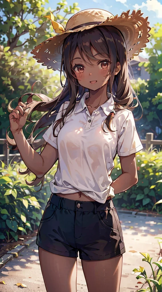 country girl，Short-sleeved shirt，Short-sleeved shirt，shorts，straw hat，Sunlight，Enthusiastic，Cheerful，Sunlight，solarised，solarised，Country Style，Brown skin，Brown skin，Coffee-colored skin，Dark skin，solarised，日式Country Style，Outdoor Background，Outdoor Background