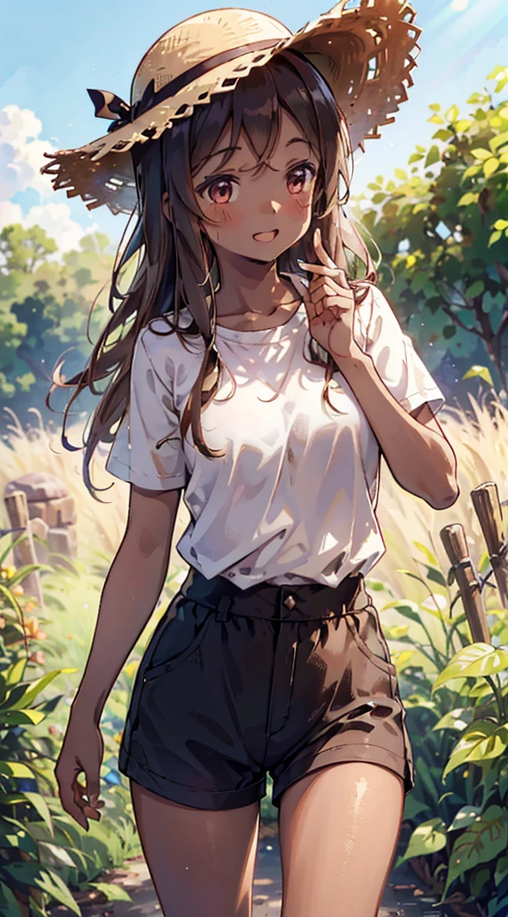 country girl，Short-sleeved shirt，Short-sleeved shirt，shorts，straw hat，Sunlight，Enthusiastic，Cheerful，Sunlight，solarised，solarised，Country Style，Brown skin，Brown skin，Coffee-colored skin，Dark skin，solarised，日式Country Style，Outdoor Background，Outdoor Background