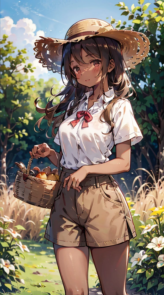 country girl，Short-sleeved shirt，Short-sleeved shirt，shorts，straw hat，Sunlight，Enthusiastic，Cheerful，Sunlight，solarised，solarised，Country Style，Brown skin，Brown skin，Coffee-colored skin，Dark skin，solarised，日式Country Style，Outdoor Background，Outdoor Background