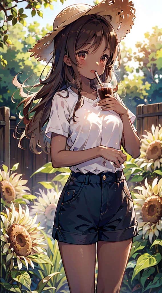 country girl，Short-sleeved shirt，Short-sleeved shirt，shorts，straw hat，Sunlight，Enthusiastic，Cheerful，Sunlight，solarised，solarised，Country Style，Brown skin，Brown skin，Coffee-colored skin，Dark skin，solarised，日式Country Style，Outdoor Background，Outdoor Background