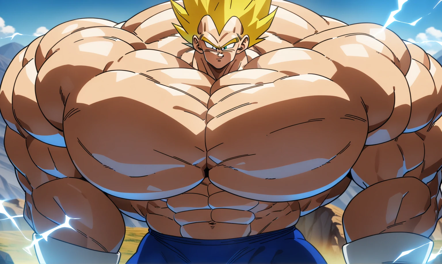 1boy, Vegeta, from Dragon Ball Z, masterpiece, best quality, very aesthetic, absurdres, saiyan, green eyes, spiked hair, (yellow hair:2), shirtless, blue skintight pants, white gloves, (huge muscles:2.5), dragonballartstyle, in the style of Akira Toriyama, outdoors, flat-top mountains, abs, yellow aura, electricity