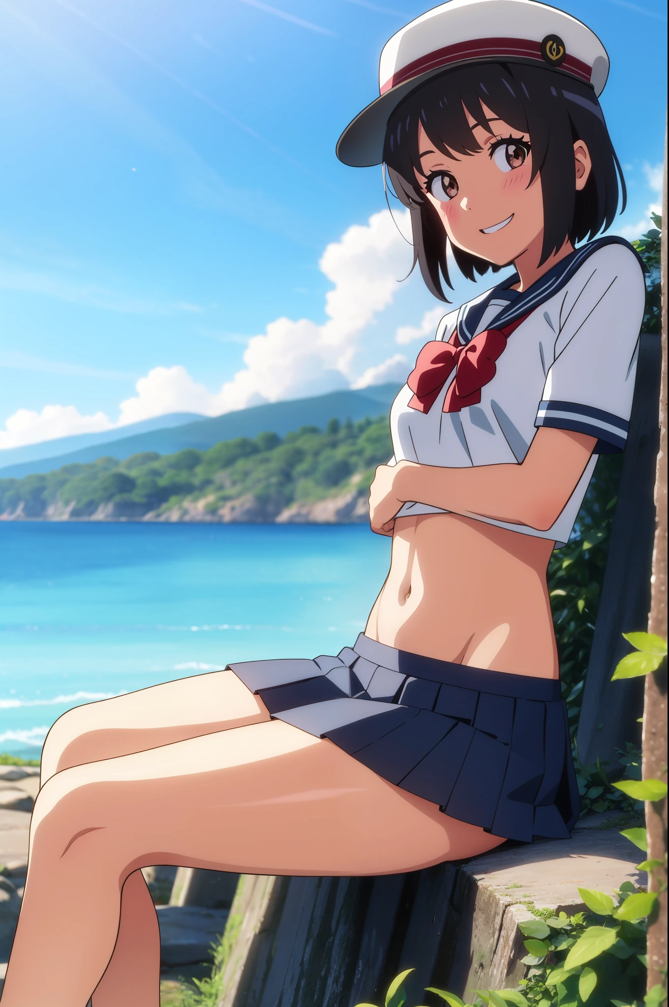 shinkai makoto, kimi no na wa., 1girl, bangs, black hair, blush, expressive eyes, brown eyes, perfect face, looking at the viewer, sailor uniform, sailor's hat, exposed navel, shirt, short sleeves, skirt, short hair, solo, outdoors, shinny skin, smile, cute, grin, cloudy, blue sky, mountains, rocks, sitting, (masterpiece), best quality