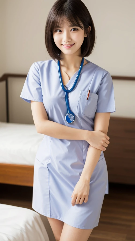 (Highest quality: 1.5), (Realistic: 1.5), (1 person: 1.5), Very detailed, High resolution, 8k,Natural color lips, Cute Smile, Japanese women, 20-year-old girl, Beautiful and elegant features, Perfect and beautiful face, Balanced big eyes, Beautiful and elegant features, Natural double eyelids, Natural Bangs, Beautiful thin nose, Beautiful Skin, Medium Bob Hair , Natural Bangs , Perfect and beautiful face, Slim face and figure, (Looking at the camera with a sweet smile), Bright lighting, Professional Lighting, Forward lighting, Beautiful feet: 1.2, Smooth Skin, Slender body, Slim waistline, slim thin thighs, Cleavage, Detailed clothing, (real short nurse uniform:1.2), (Breast nurse:1.4), Stethoscope, Ultra HD, Realistic, bedroom