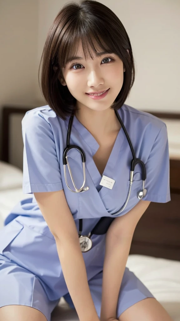 (Highest quality: 1.5), (Realistic: 1.5), (1 person: 1.5), Very detailed, High resolution, 8k,Natural color lips, Cute Smile, Japanese women, 20-year-old girl, Beautiful and elegant features, Perfect and beautiful face, Balanced big eyes, Beautiful and elegant features, Natural double eyelids, Natural Bangs, Beautiful thin nose, Beautiful Skin, Medium Bob Hair , Natural Bangs , Perfect and beautiful face, Slim face and figure, (Looking at the camera with a sweet smile), Bright lighting, Professional Lighting, Forward lighting, Beautiful feet: 1.2, Smooth Skin, Slender body, Slim waistline, slim thin thighs, Cleavage, Detailed clothing,  (real short nurse uniform:1.2), (Breast nurse:1.4), Stethoscope,  Ultra HD, Realistic, bedroom
