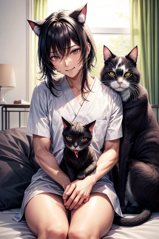 1人の若いmaleの人と3匹の小さな猫,Three cats,小さな猫に囲まれた若いmaleな人,refreshing_male,Amazingly gentle smile,Mouth wide open,Cats surround the screen,Cat smiles too,In the room,On the bed,Fair skin_male,delicate_male,Black Hair_male,anime