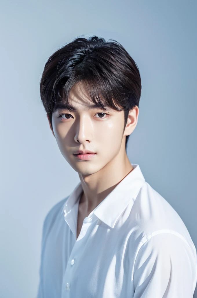 4K camera, perfect face, perfect skin, Korean man, white shirt, 22 years old, actor, pure white background