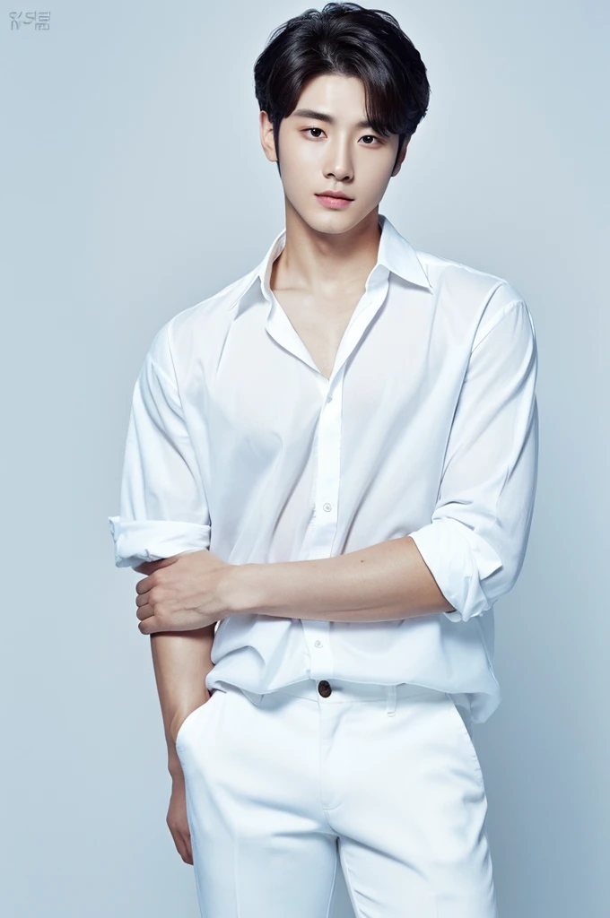 4K camera, perfect face, perfect skin, Korean man, white shirt, 22 years old, actor, pure white background