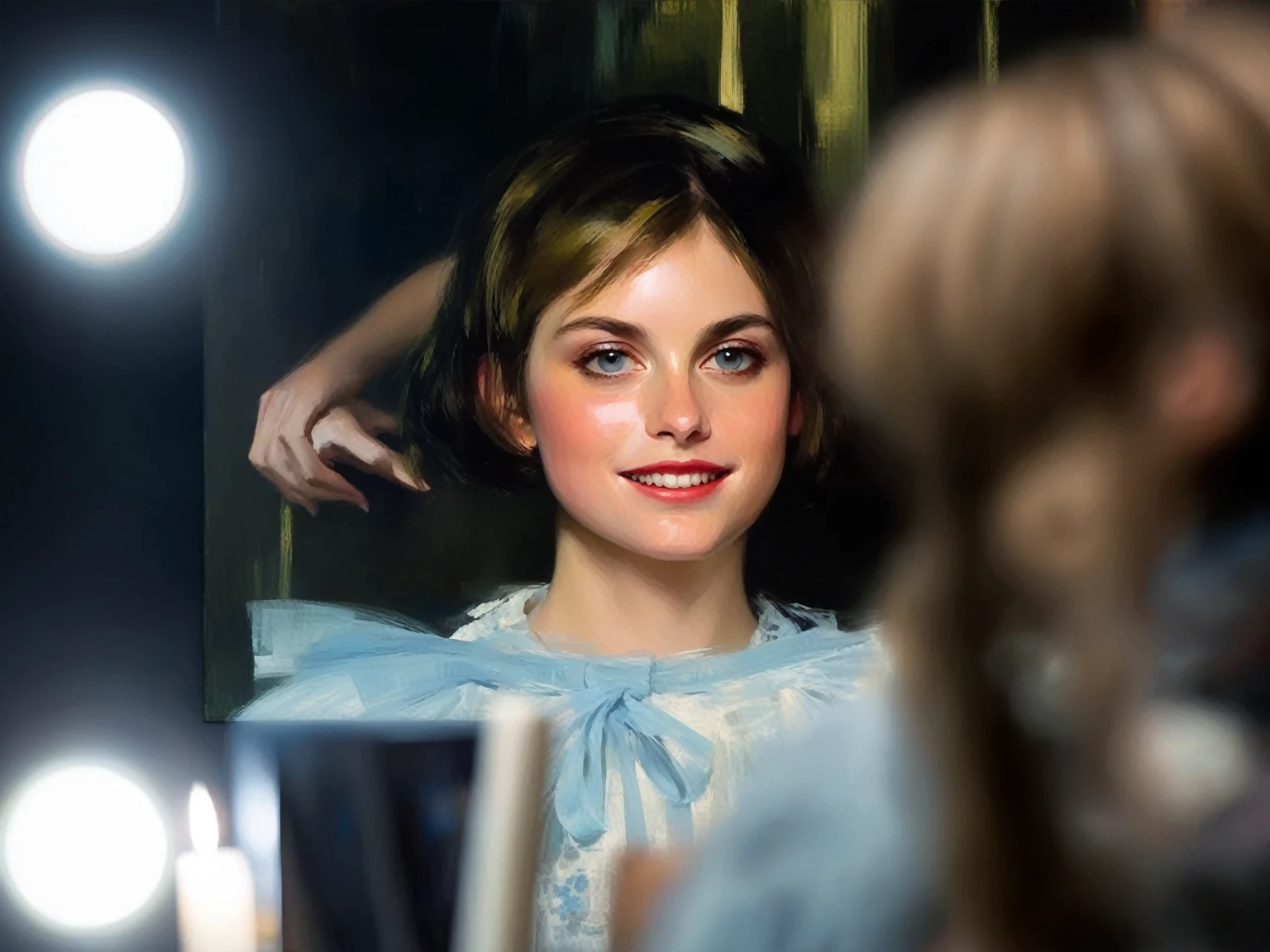 [(front portrait: pretty teen girl  with big eyes and a short red bob)(((by Jeremy Mann:0.5), (by John Constable:0.1),(by El Greco:0.5))))::20]/[background:landscape
 Baroque (moonlight sunset), style Rafael Santi], dark rainessance, crimson/liliac, very colorful,((oil painting)),((masterpiece)),single shot