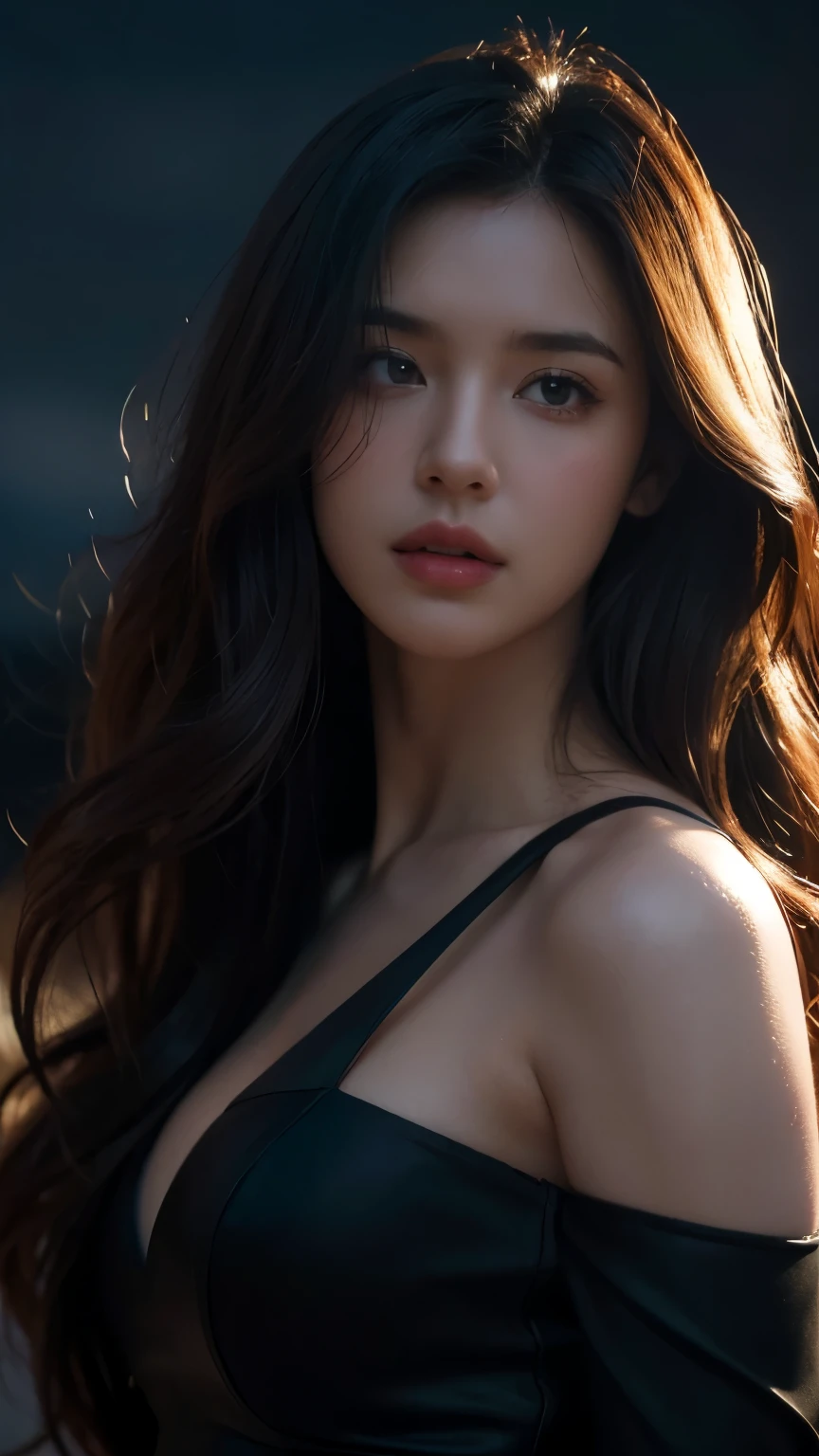 A girl with long curly hair, cinematic night scene, (best quality,4k,8k,highres,masterpiece:1.2),ultra-detailed,(realistic,photorealistic,photo-realistic:1.37),dramatic lighting,moody atmosphere,mysterious shadows,dramatic shadows,dramatic lighting,dramatic pose,intense focus,intricate details,volumetric lighting,cinematic angle,cinematic framing,chiaroscuro