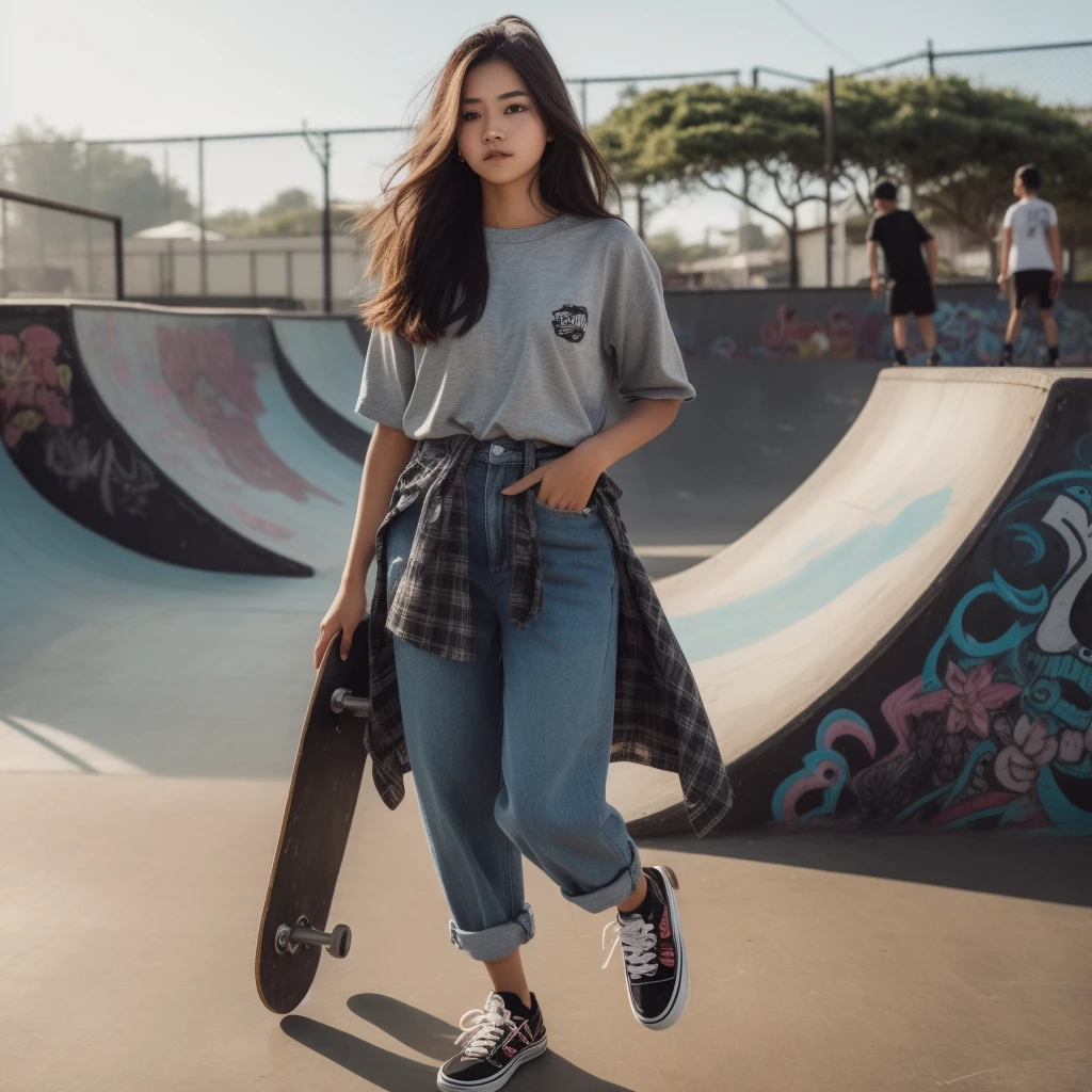 A beautiful Indonesian woman aged 20 years, full body, is fashionable skateboarding, dressed casually, wearing Vans shoes, at the skateboard park, at noon, Background, very detailed 8k