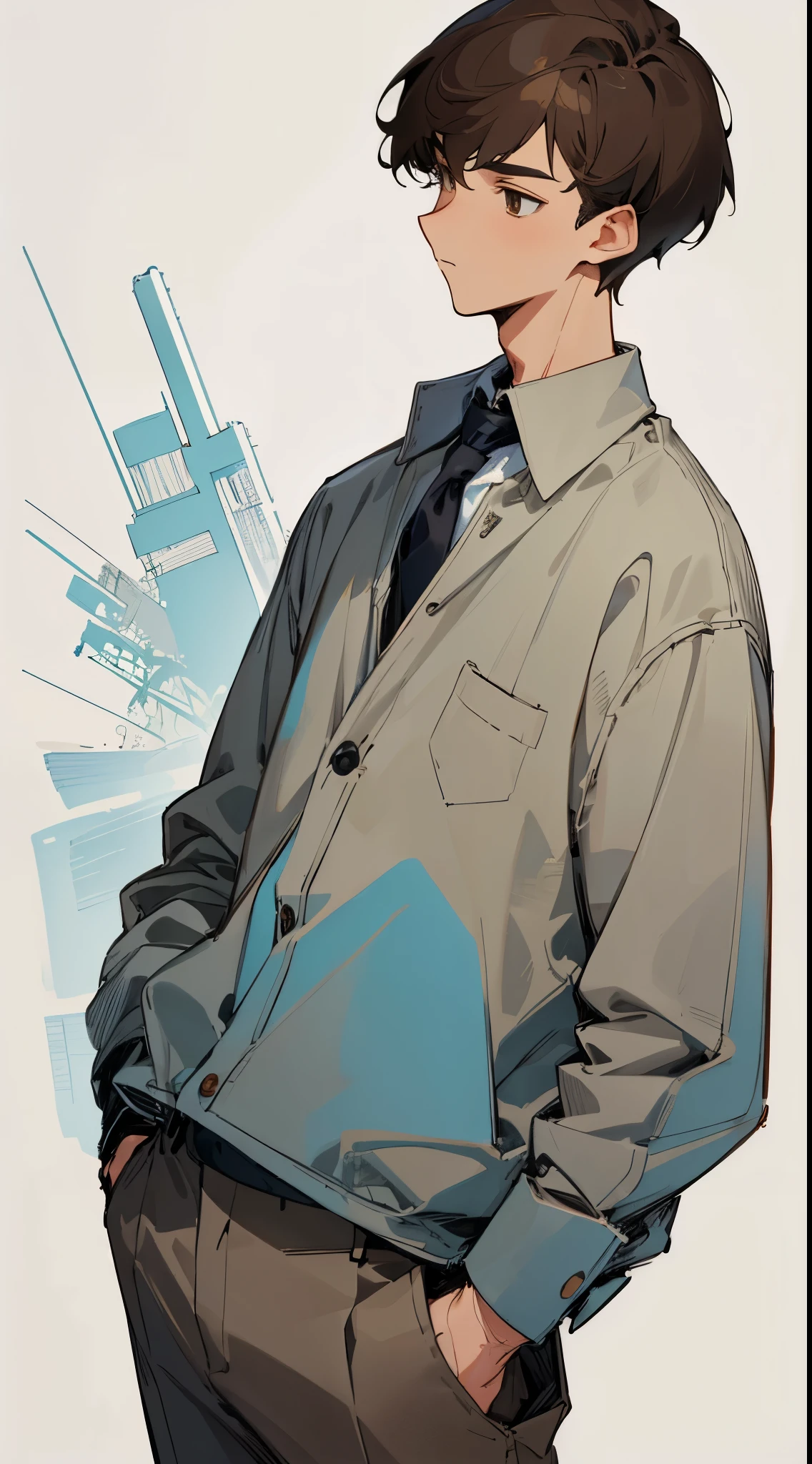 (masterpiece, best quality) detailed, 1Character, blue archive art style, pastel washed out colors, cell shade, soft, muted shades, gentle colors, Fashion ad, wearing a collared shirt and khakis, urban environment, big city, cute man, short height, 5'4", dark brown hair, very short hair, ((crew cut hair style:1)), brown eyes, brown skin, slender, skinny, masculine, hands in pocket, age 17