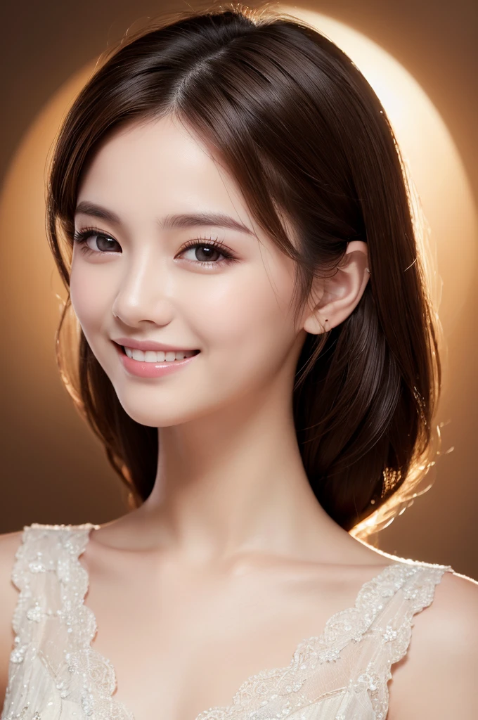 ((Highest quality, 8k, masterpiece :1.3)), One girl, smile, whole body, Slim face, Beautiful woman, (Dark brown hair)Highly detailed face, Fine grain, double eyelid, Blur the background, Slim face,