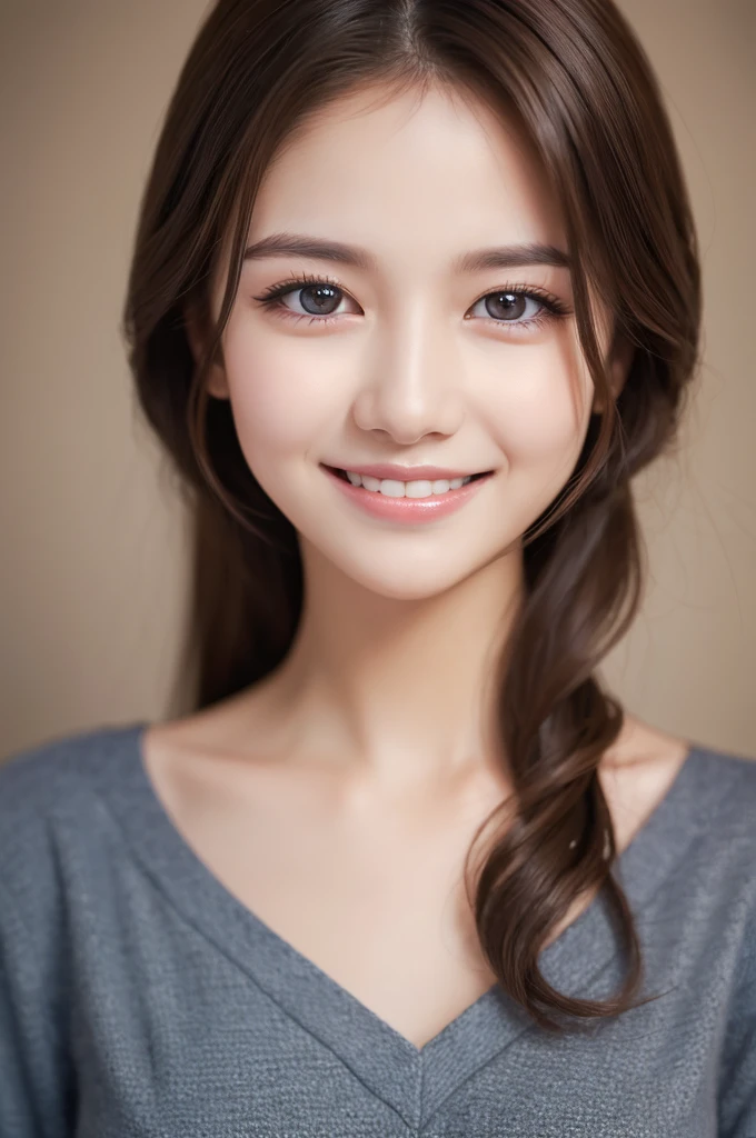 ((Highest quality, 8k, masterpiece :1.3)), One girl, smile, whole body, Slim face, Beautiful woman, (Dark brown hair)Highly detailed face, Fine grain, double eyelid, Blur the background, Slim face,