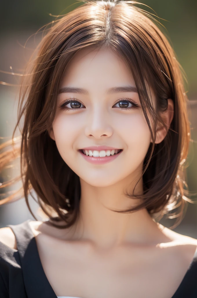 ((Highest quality, 8k, masterpiece :1.3)), One girl, smile, whole body, Slim face, Beautiful woman, (Dark brown hair)Highly detailed face, Fine grain, double eyelid, Blur the background, Slim face, 