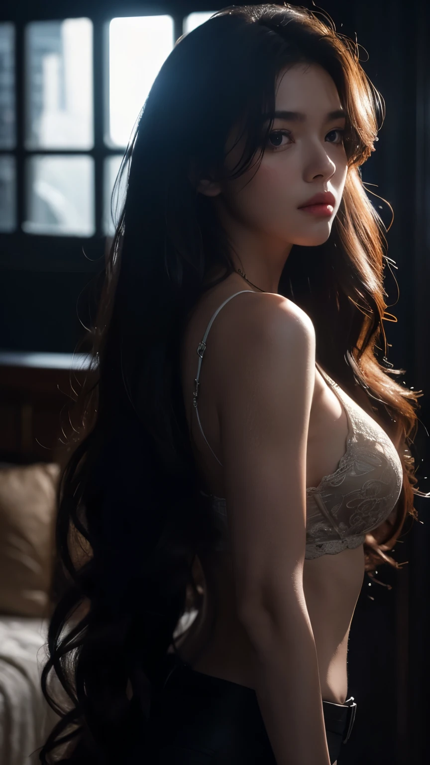 A girl with long curly hair, cinematic night scene, (best quality,4k,8k,highres,masterpiece:1.2),ultra-detailed,(realistic,photorealistic,photo-realistic:1.37),dramatic lighting,moody atmosphere,mysterious shadows,dramatic shadows,dramatic lighting,dramatic pose,intense focus,intricate details,volumetric lighting,cinematic angle,cinematic framing,chiaroscuro