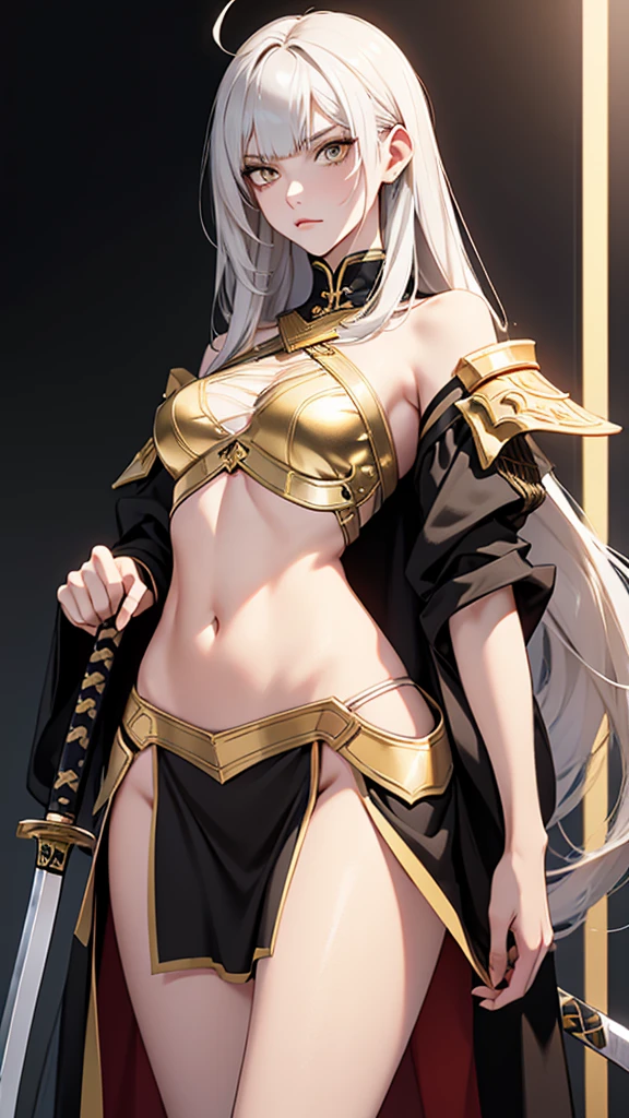 （lifelike， high - resolution：1.3）， 1 girl with a slender body， slender body, Super fine face and eyes，( golden color eyes), smokey look, handsome,  annoyed, ahoge, full lips,  tall girl,  pale skin, dark makeup, shiny skin， blunt bangs, (very long white hair), (ebony armor,  gold trim)，small breasts,, ( intricate katana, gold trim) , wielding sword, shiny skin, narrow hips, skinny, flat chest

