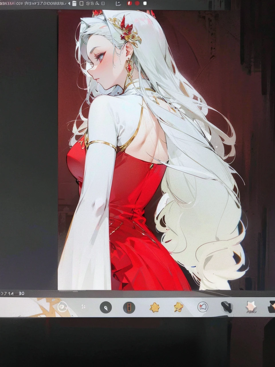 Add in roses to her dress, a good back dress design with some golden jewelry, make her dress into a red and white gown with a hat, give her some unique Jewelry, and make her look somewhat of a demonic angel like appearance to her
