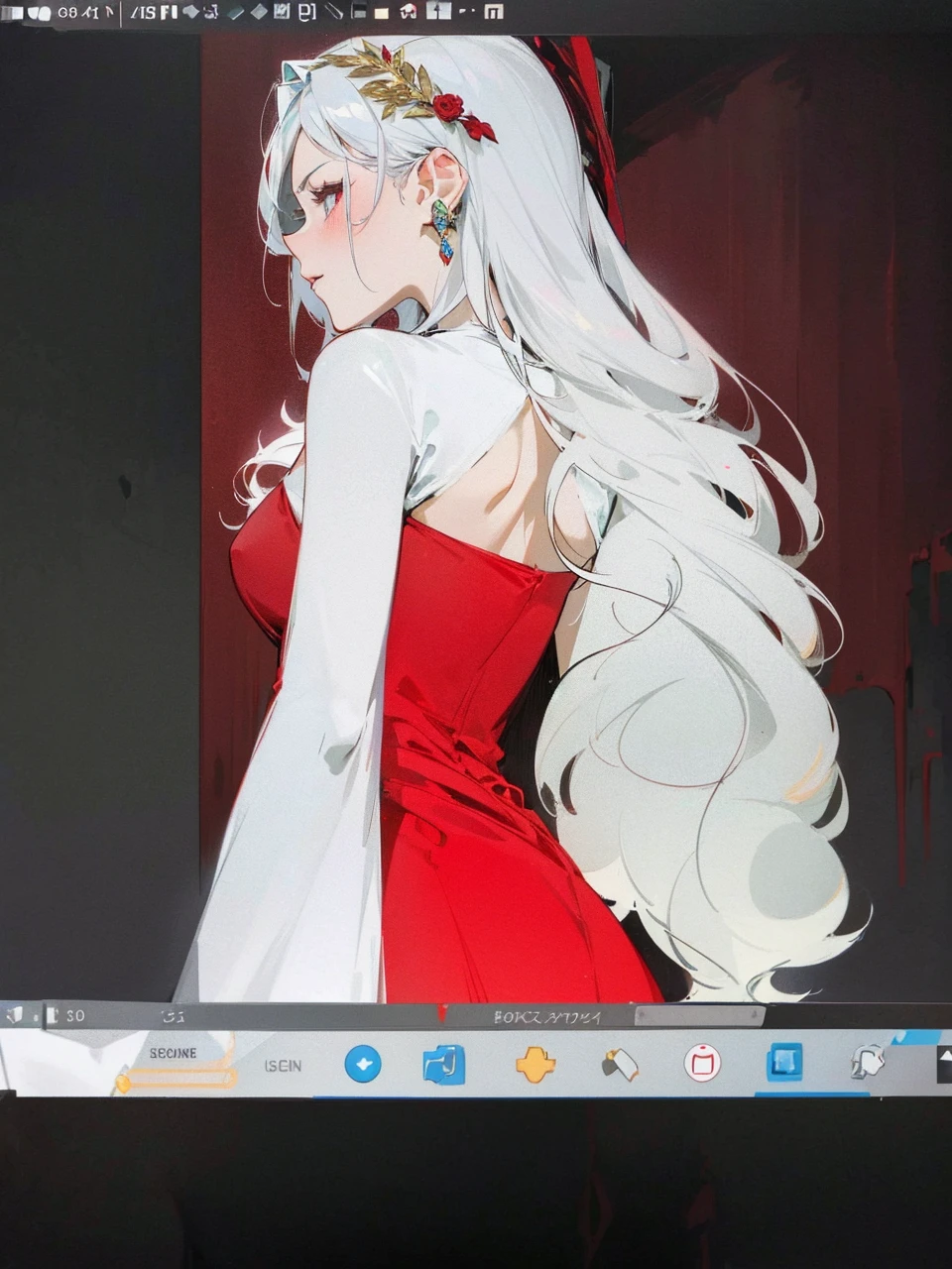 Add in roses to her dress, a good back dress design with some golden jewelry, make her dress into a red and white gown with a hat, give her some unique Jewelry, and make her look somewhat of a demonic angel like appearance to her