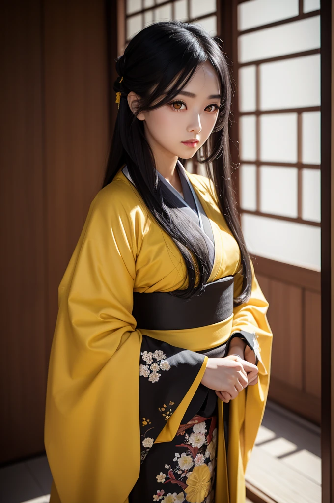 Girl with long black hair, yellow eyes, dress a kimono, professional lighting,