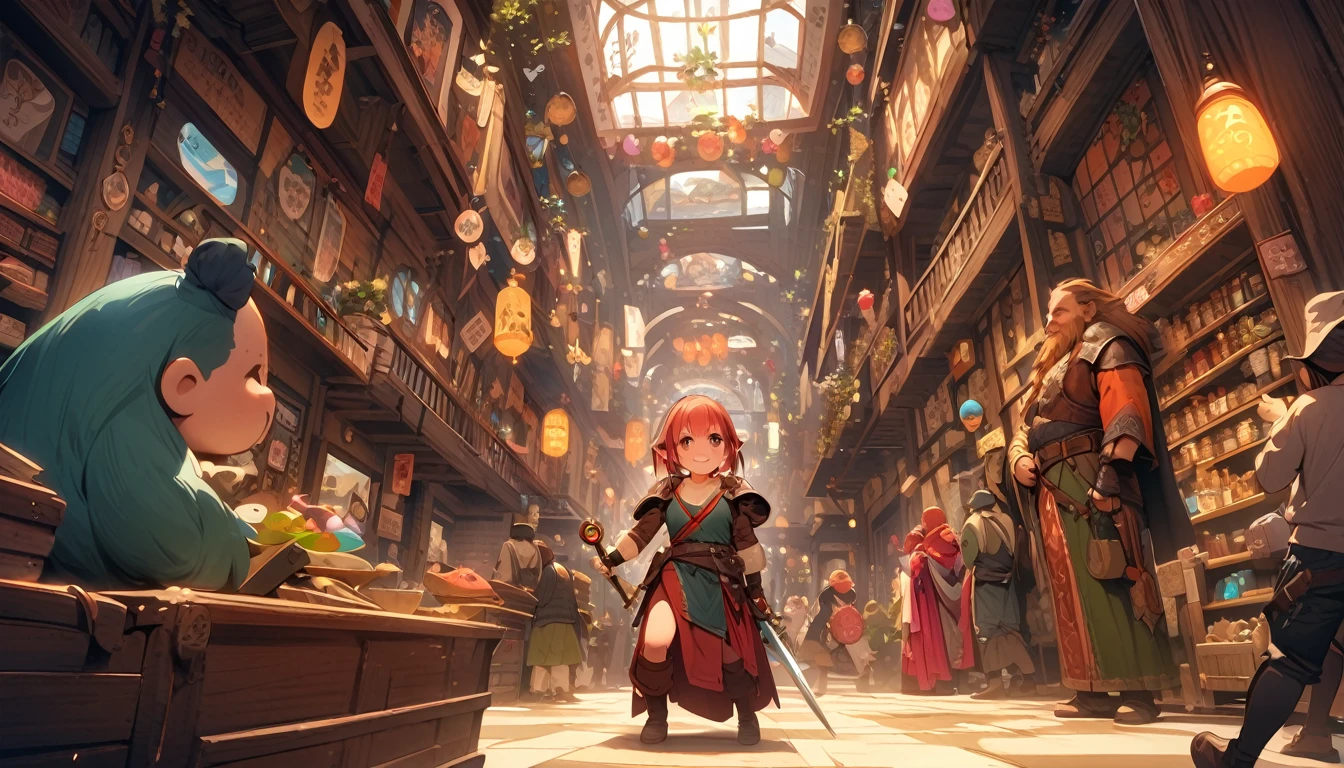 (masterpiece:1.4), (Highest quality:1.4), Very detailed, Complex, Very detailed, shape,Soft lighting, A bustling market in a magical city, More than one personで語り合う, Hopeful Face, smile, More than one person, Mixed gender, a group of adventurers, character from RPG games, (character: human, Fairy, Fairy, Dwarf, The Hobbit), (exterior: Swordsman Style, Shaman Style, Monk Style, Magician style), (belongings: Long sword, dagger, Holy Staff, Magic wand, shield, metal armor, Leather Armor), Perfectly accurate anatomical shape、All limbs intact、Perfect full finger, Colorful characters, A place to buy and sell mystical artifacts, Inside the store，Huge, Majestic, Uplifting expressions, Everyone&#39;s expressions are amazing.