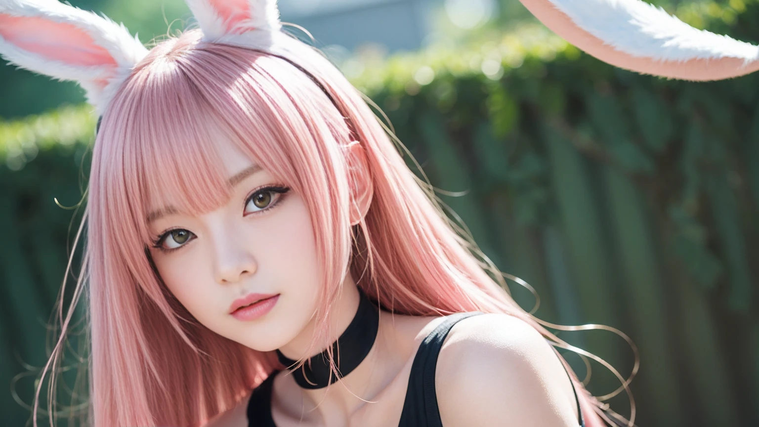 Anime Style, Cartoon close-up of a woman with bunny ears and a tail, With rabbit tail, With rabbit ears, Girl Design, times, Portraiture, Gisha, Anime Images, Long Hair, Pink Hair, Hair covering the ears, Happy, Sophisticated and powerful appearance, exotic, expensive