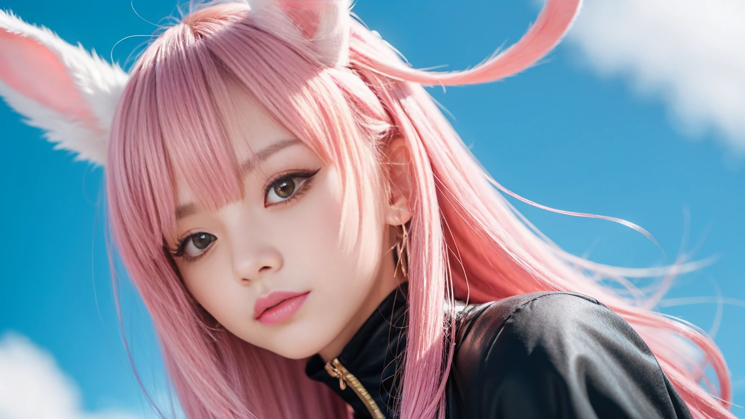 Anime Style, Cartoon close-up of a woman with bunny ears and a tail, With rabbit tail, With rabbit ears, Girl Design, times, Portraiture, Gisha, Anime Images, Long Hair, Pink Hair, Hair covering the ears, Happy, Sophisticated and powerful appearance, exotic, expensive  