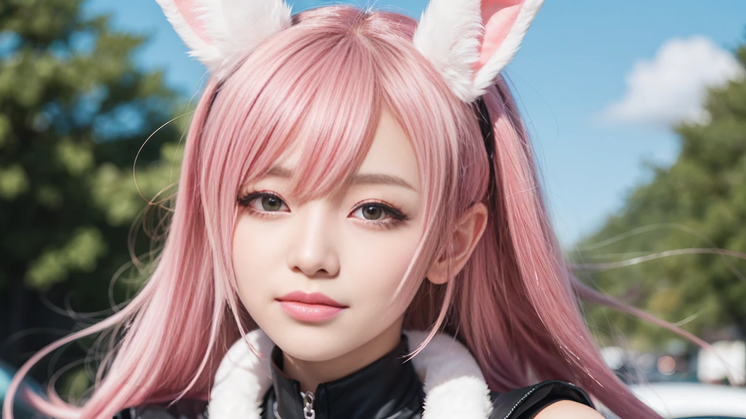 Anime Style, Cartoon close-up of a woman with bunny ears and a tail, With rabbit tail, With rabbit ears, Girl Design, times, Portraiture, Gisha, Anime Images, Long Hair, Pink Hair, Hair covering the ears, Happy, Sophisticated and powerful appearance, exotic, expensive  