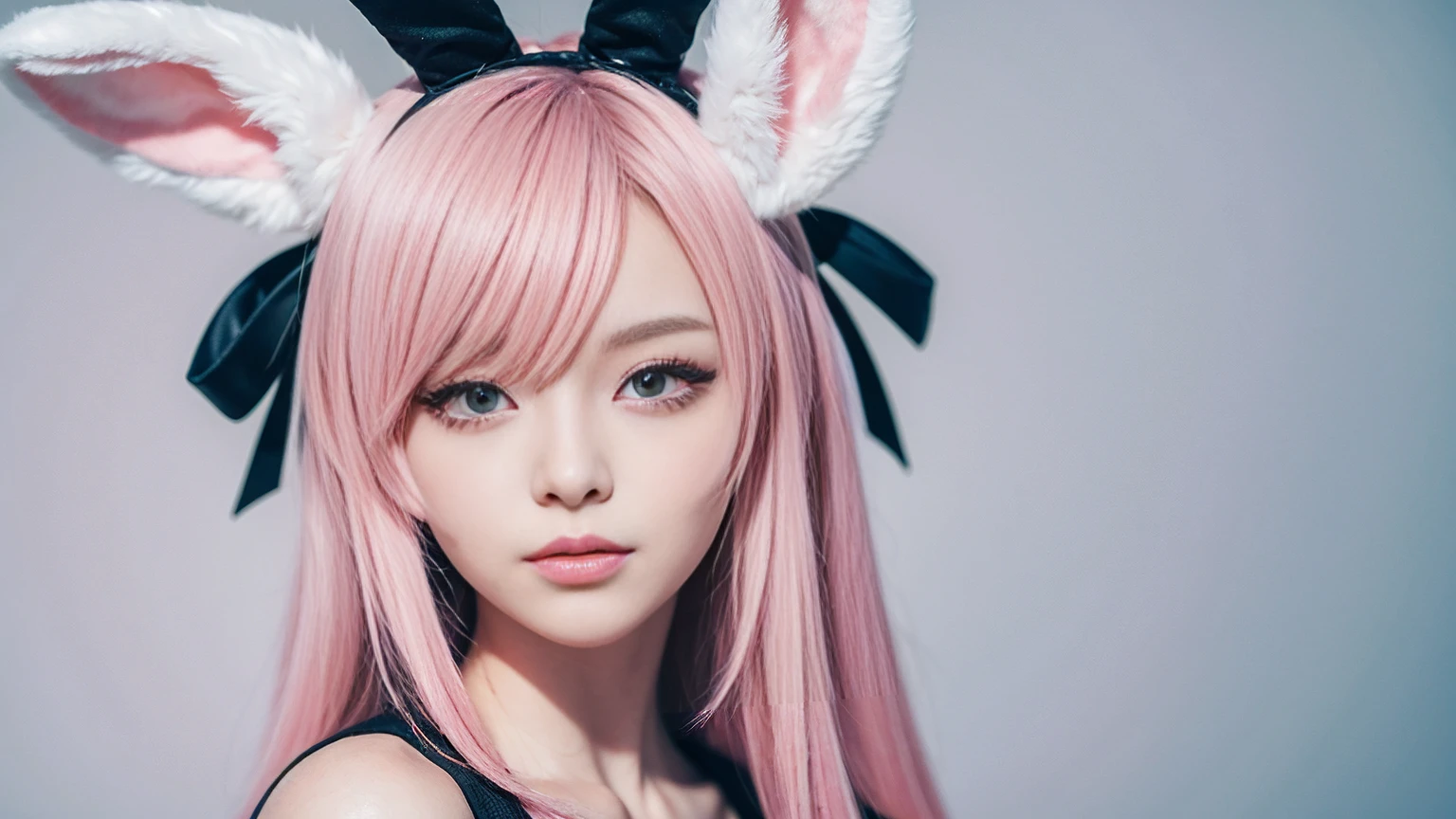 Anime Style, Cartoon close-up of a woman with bunny ears and a tail, With rabbit tail, With rabbit ears, Girl Design, times, Portraiture, Gisha, Anime Images, Long Hair, Pink Hair, Hair covering the ears, Happy, Sophisticated and powerful appearance, exotic, expensive