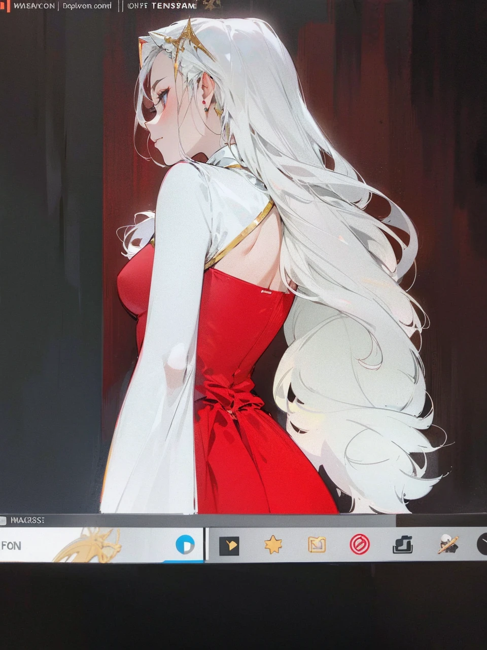 Add in roses to her dress, a good back dress design with some golden jewelry, make her dress into a red and white gown with a hat, give her some unique Jewelry, and make her look somewhat of a demonic angel like appearance to her