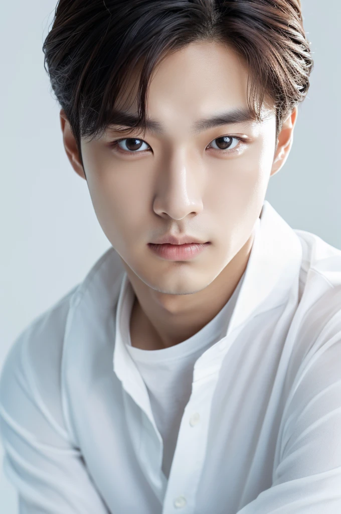 4K camera, perfect face, perfect skin, Korean man, white shirt, 22 years old, actor, pure white background 