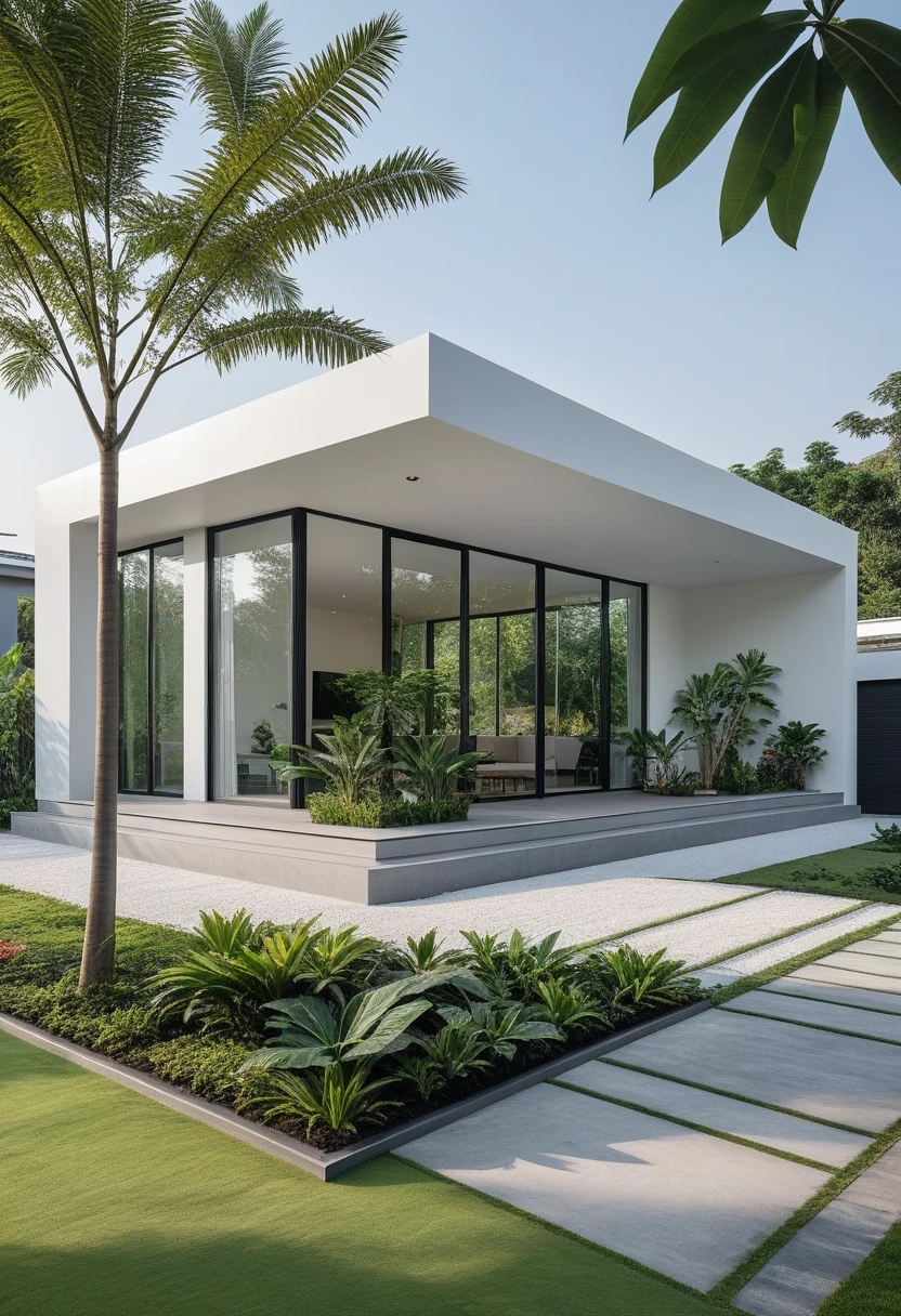 A hyper-realistic image of a modern one-story house with a minimalist design ,((with a facade less than 4 meters wide:1.2)), white and glass materials. The house has a flat roof, large floor-to-ceiling glass windows, The garden includes various tropical plants and trees. (house as the showroom mini furniture:1.2), front view, elevation view