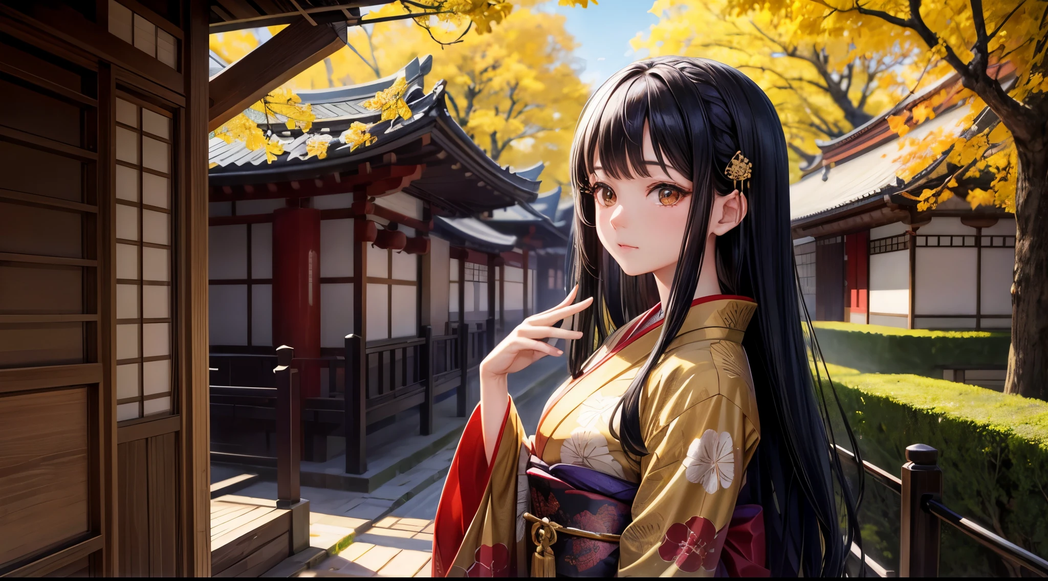 One girl, Long black hair, Brown eyes, Wearing a beautiful Japanese kimono, Gingko tree, Traditional buildings, High resolution, Super sharp, 8k, masterpiece, View your viewers