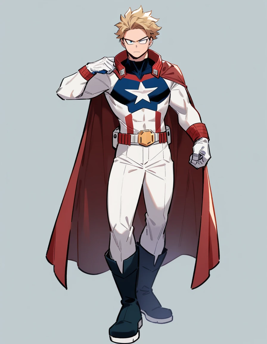 One boy, male focus, brown and blond short hair, boku no hero academia, Izuku Midoriya look alike, masterpiece, best quality, very aesthetic, red, blue, white super hero suit, cape, boots, captain America like, proportionally anatomical, full body illustration, casual front pose.