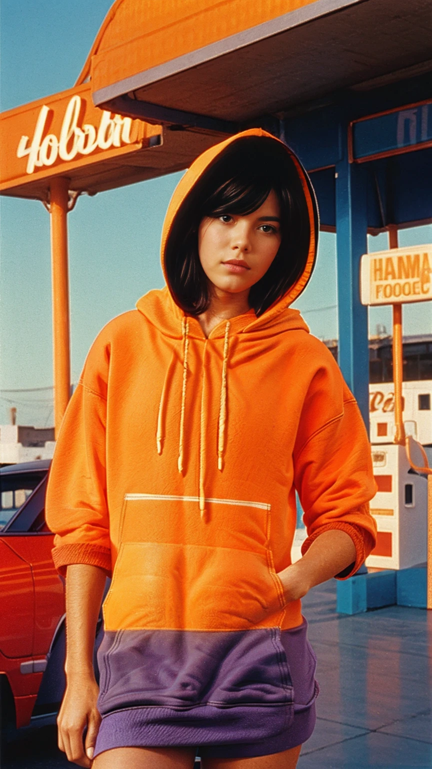 (medium shot portrait) of cute 23 yo girl ,wear ((orange color oversized_hoodie, ((hoodie:1.5)))), wear ((purple tennis skirt)),looking front,ultra detail, 8k portraitBest Quality,Masterpiece,Ultra High Resolution,(Realisticity:1.4),Original Photo, 1Girl, light leak,ultra high resolution,UHD,beautiful, ((black bob hairstlye)), almond eye, no makeup, in front of ((80's colorful los angles gas station)), ((masterpiece)),summer, blue sky, palm trees,sunny, los angles vibes,film camera, 800mm lens,style of Philip Lorca diCorcia