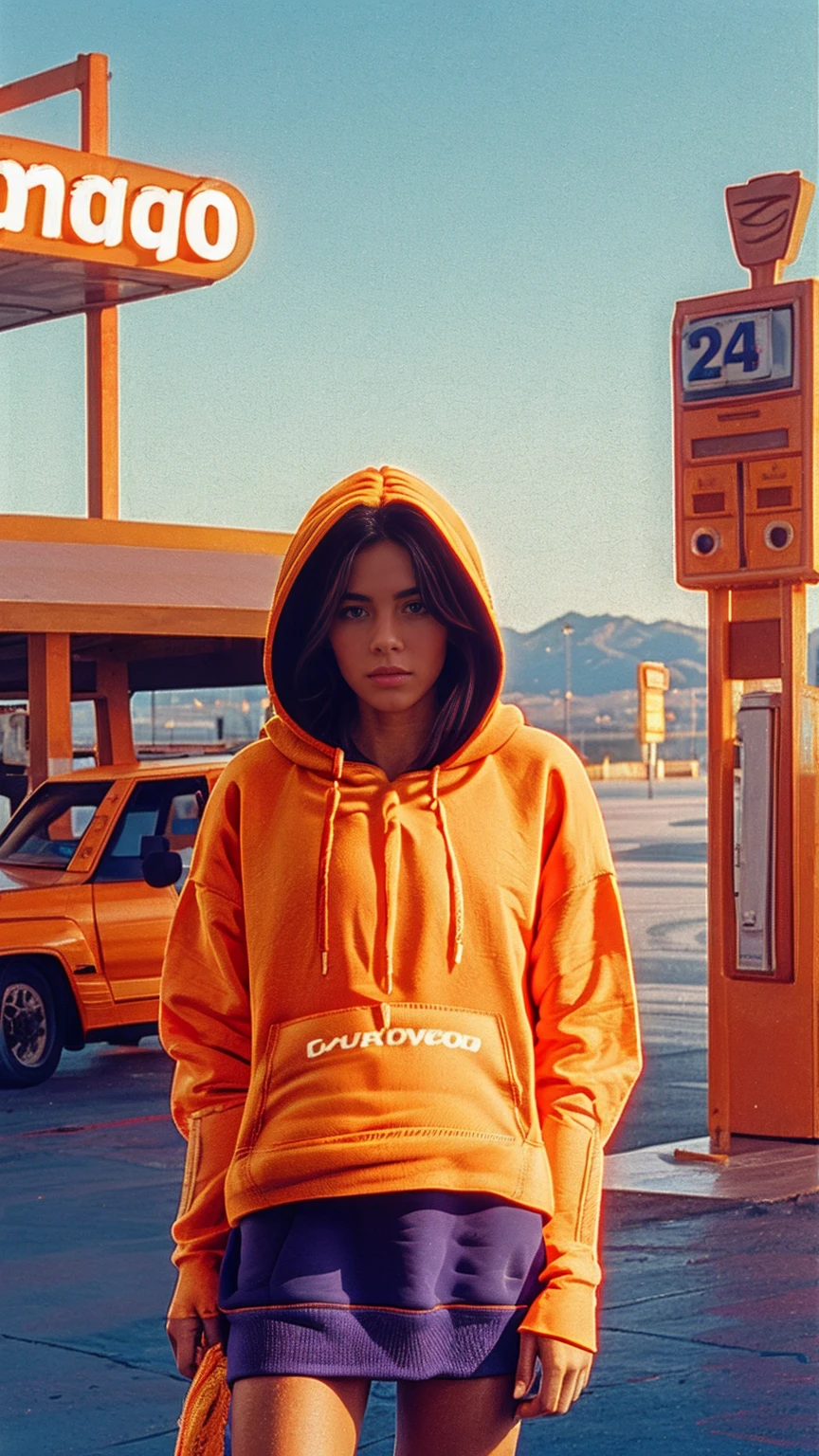 (medium shot portrait) of cute 23 yo girl ,wear ((orange color oversized_hoodie, ((hoodie:1.5)))), wear ((purple tennis skirt)),looking front,ultra detail, 8k portraitBest Quality,Masterpiece,Ultra High Resolution,(Realisticity:1.4),Original Photo, 1Girl, light leak,ultra high resolution,UHD,beautiful, ((black bob hairstlye)), almond eye, no makeup, in front of ((80's colorful los angles gas station)), ((masterpiece)),summer, blue sky, palm trees,sunny, los angles vibes,film camera, 800mm lens,style of Philip Lorca diCorcia
