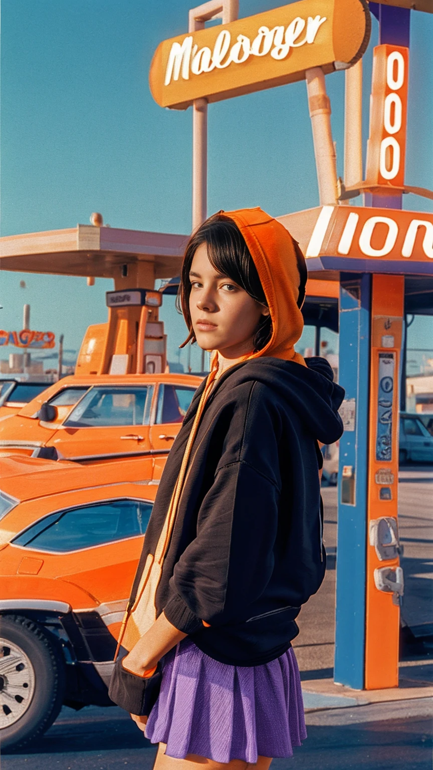 (medium shot portrait) of cute 23 yo girl ,wear ((orange color oversized_hoodie, ((hoodie:1.5)))), wear ((purple tennis skirt)),looking front,ultra detail, 8k portraitBest Quality,Masterpiece,Ultra High Resolution,(Realisticity:1.4),Original Photo, 1Girl, light leak,ultra high resolution,UHD,beautiful, ((black bob hairstlye)), almond eye, no makeup, in front of ((80's colorful los angles gas station)), ((masterpiece)),summer, blue sky, palm trees,sunny, los angles vibes,film camera, 800mm lens,style of Philip Lorca diCorcia