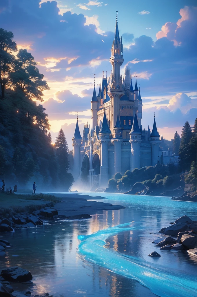 (magical pretty null blue stream overlay scene), (null), (cloud), Soft lighting, Clean background, beautiful null scenery, masterpiece, high quality, Beautiful graphics, Attention to detail,Thomas Kinkade, Art Station, Sharp focus, Inspiring 8k wallpapers, Floating castle on the lake
