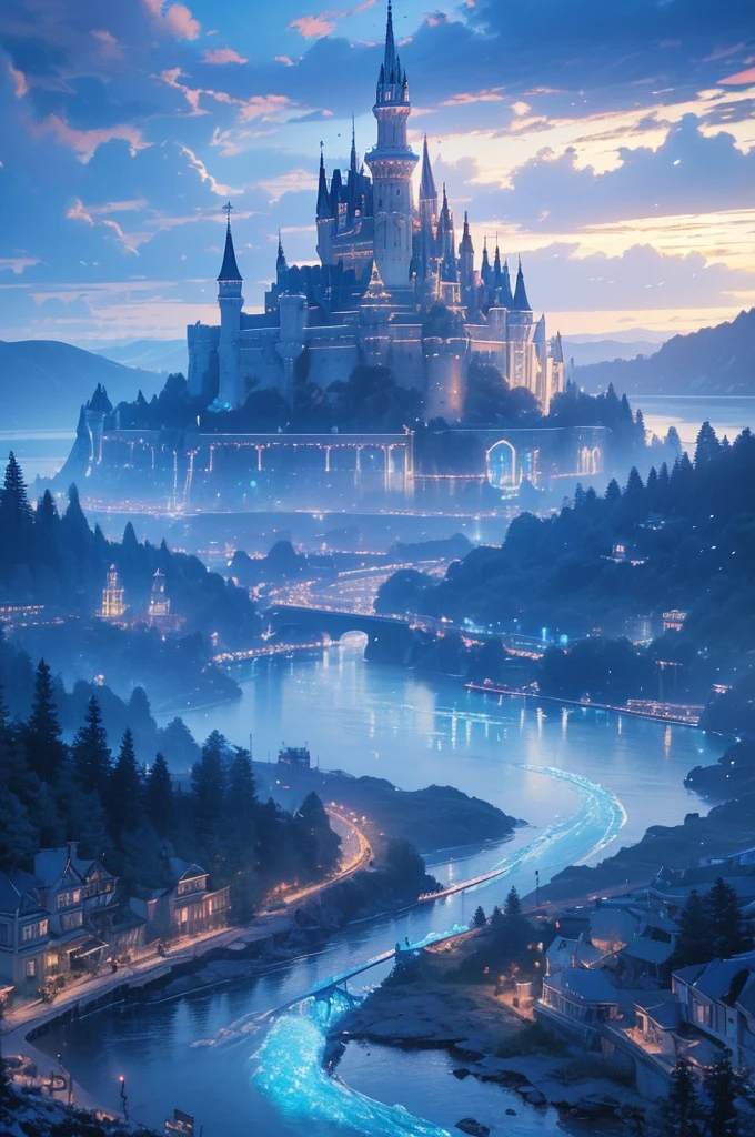 (magical pretty null blue stream overlay scene), (null), (cloud), Soft lighting, Clean background, beautiful null scenery, masterpiece, high quality, Beautiful graphics, Attention to detail,Thomas Kinkade, Art Station, Sharp focus, Inspiring 8k wallpapers, Floating castle on the lake