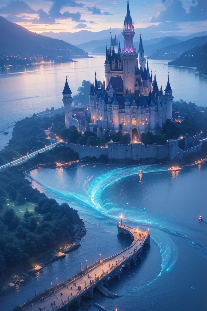 (magical pretty null blue stream overlay scene), (null), (cloud), Soft lighting, Clean background, beautiful null scenery, masterpiece, high quality, Beautiful graphics, Attention to detail,Thomas Kinkade, Art Station, Sharp focus, Inspiring 8k wallpapers, Floating castle on the lake